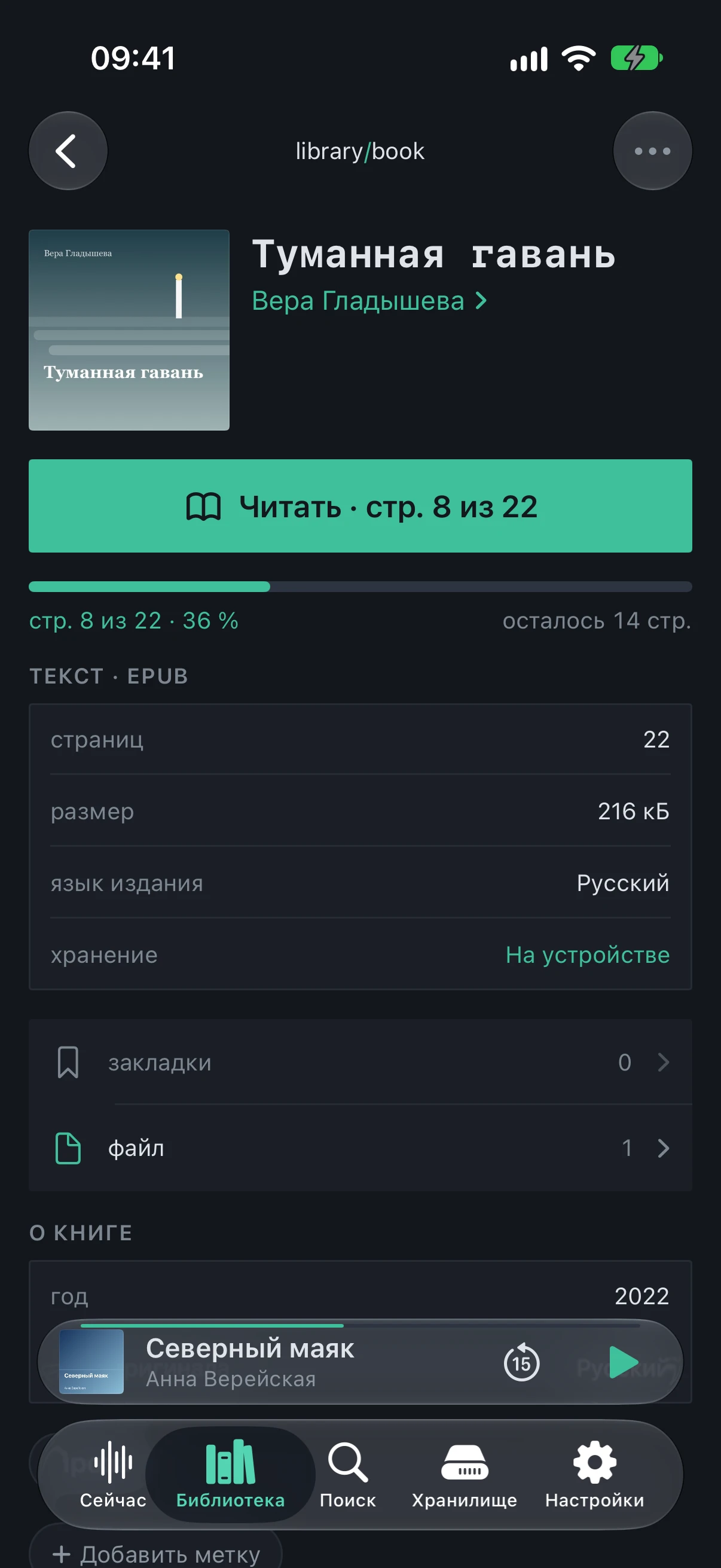 Die Karte von „Туманная гавань“: die Taste „Lesen · S. 8 von 22“, „14 S. übrig“ und der Block „Text · EPUB“